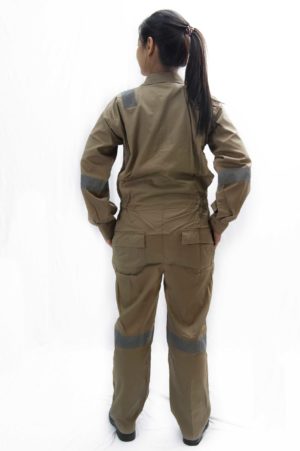 khaki coverall wore by woman backview