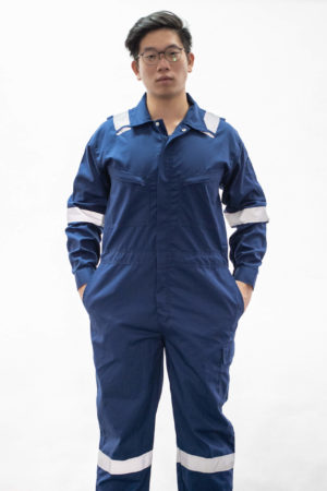 navy coverall wore by man in specs