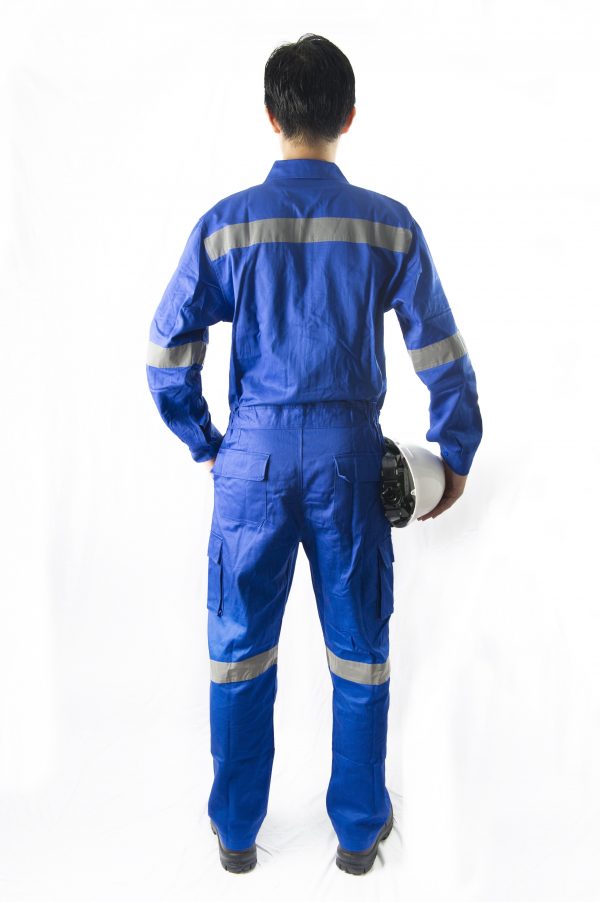 blue coveralls back look